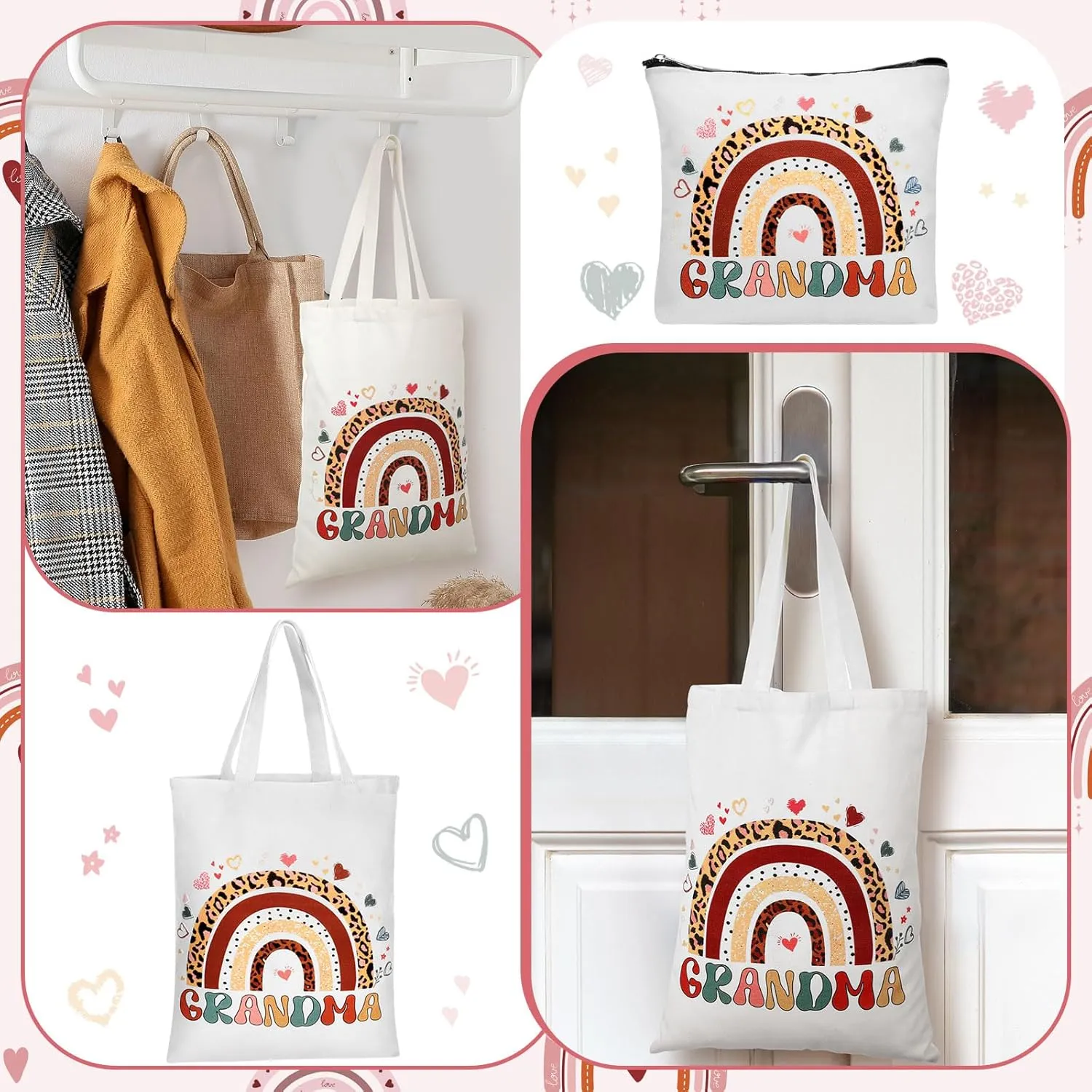 2 Pcs Mothers Day for Grandma Gifts from Grandkids Boho Rainbow Style Canvas Tote Makeup Bag Reusable Grocery Bag Grandma Birthday Gifts from Grandchildren Retirement Present for Women Nana