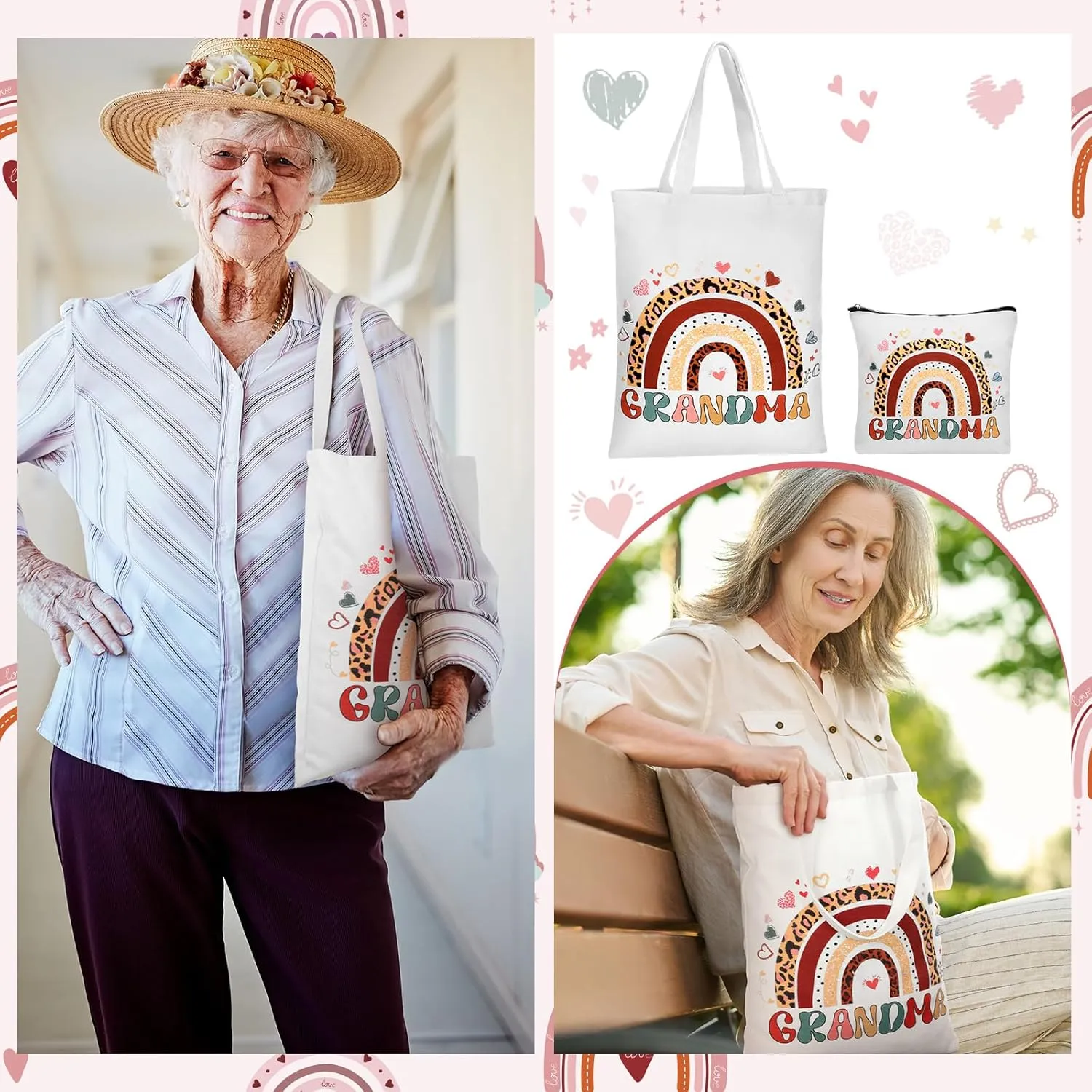 2 Pcs Mothers Day for Grandma Gifts from Grandkids Boho Rainbow Style Canvas Tote Makeup Bag Reusable Grocery Bag Grandma Birthday Gifts from Grandchildren Retirement Present for Women Nana
