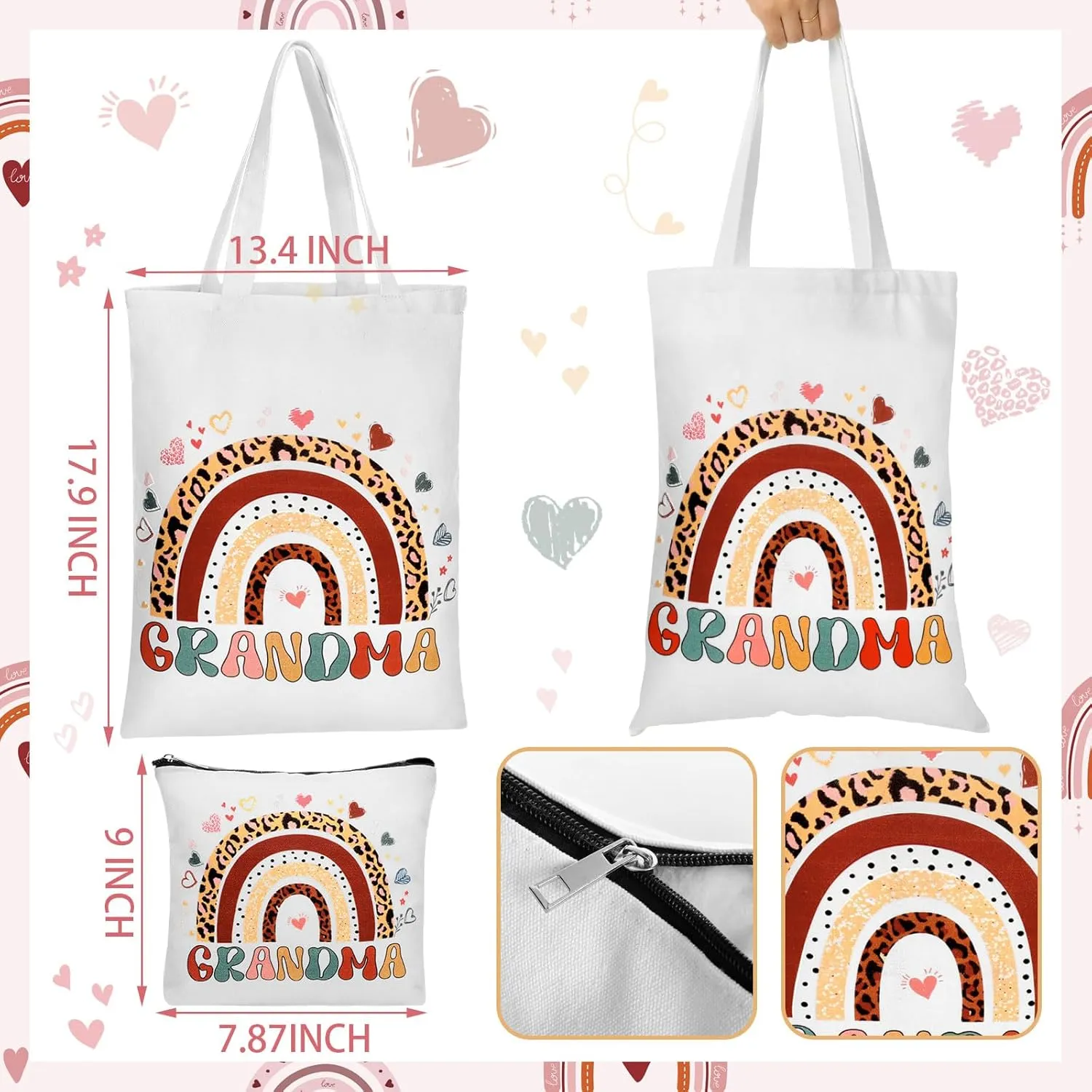 2 Pcs Mothers Day for Grandma Gifts from Grandkids Boho Rainbow Style Canvas Tote Makeup Bag Reusable Grocery Bag Grandma Birthday Gifts from Grandchildren Retirement Present for Women Nana