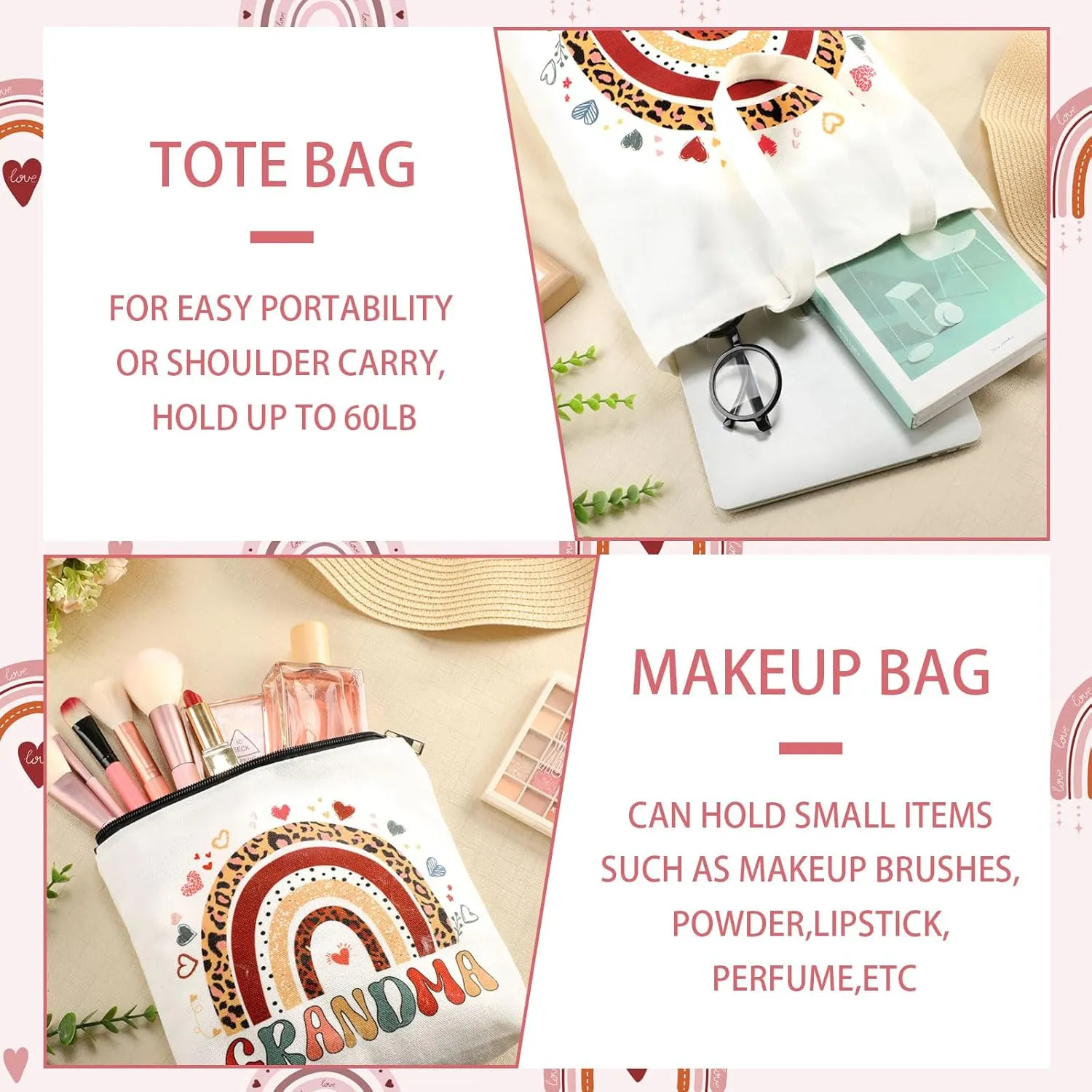 2 Pcs Mothers Day for Grandma Gifts from Grandkids Boho Rainbow Style Canvas Tote Makeup Bag Reusable Grocery Bag Grandma Birthday Gifts from Grandchildren Retirement Present for Women Nana