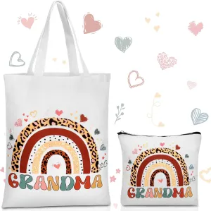 2 Pcs Mothers Day for Grandma Gifts from Grandkids Boho Rainbow Style Canvas Tote Makeup Bag Reusable Grocery Bag Grandma Birthday Gifts from Grandchildren Retirement Present for Women Nana