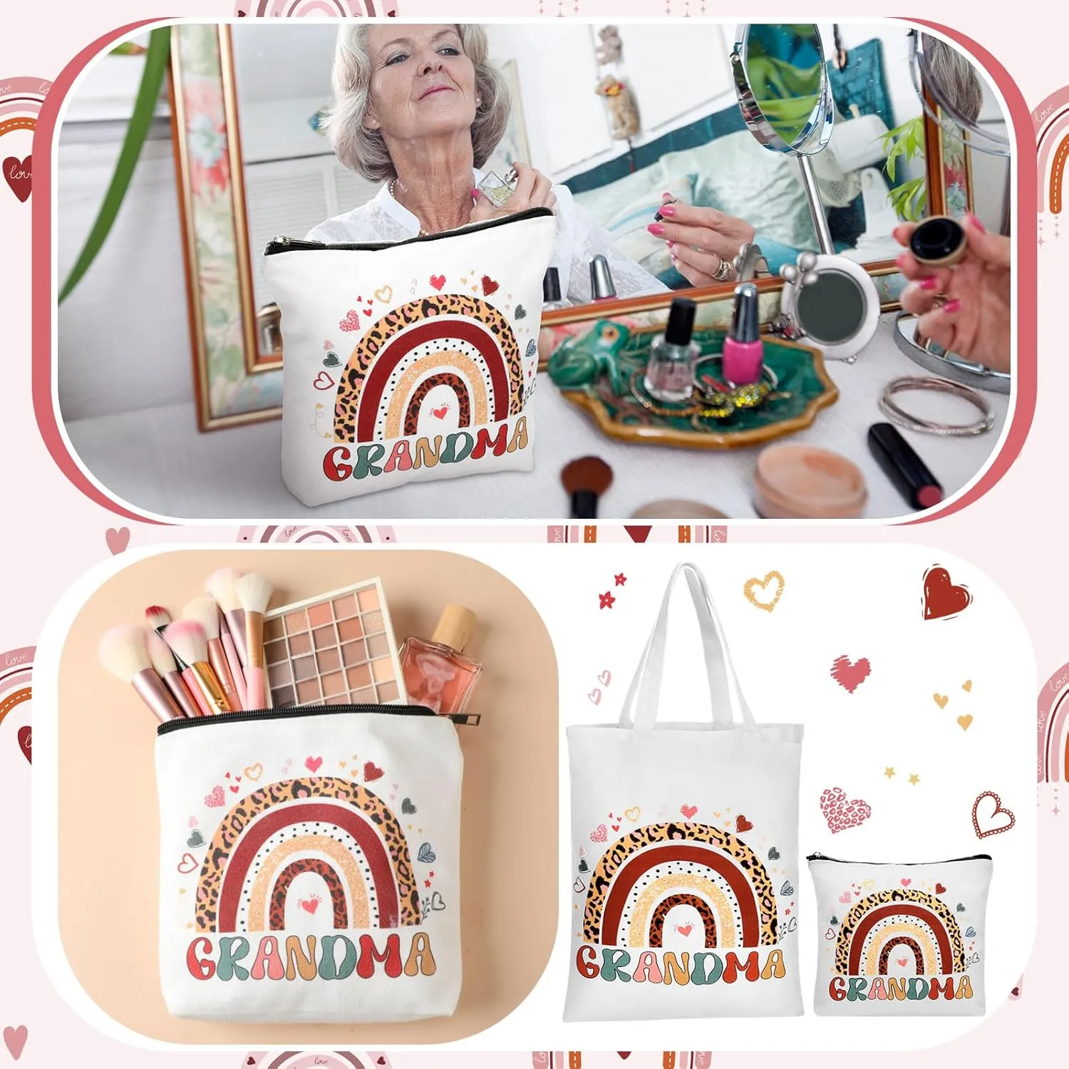 2 Pcs Mothers Day for Grandma Gifts from Grandkids Boho Rainbow Style Canvas Tote Makeup Bag Reusable Grocery Bag Grandma Birthday Gifts from Grandchildren Retirement Present for Women Nana