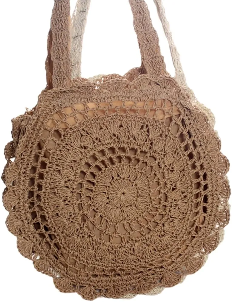 2023 New Beach Bag Versatile Fashion Trendy Bag Crochet Knitted Shoulder Bag Handbag for Women Girl Hollow Out Tote Bag, Light Brown/3970