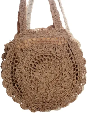 2023 New Beach Bag Versatile Fashion Trendy Bag Crochet Knitted Shoulder Bag Handbag for Women Girl Hollow Out Tote Bag, Light Brown/3970