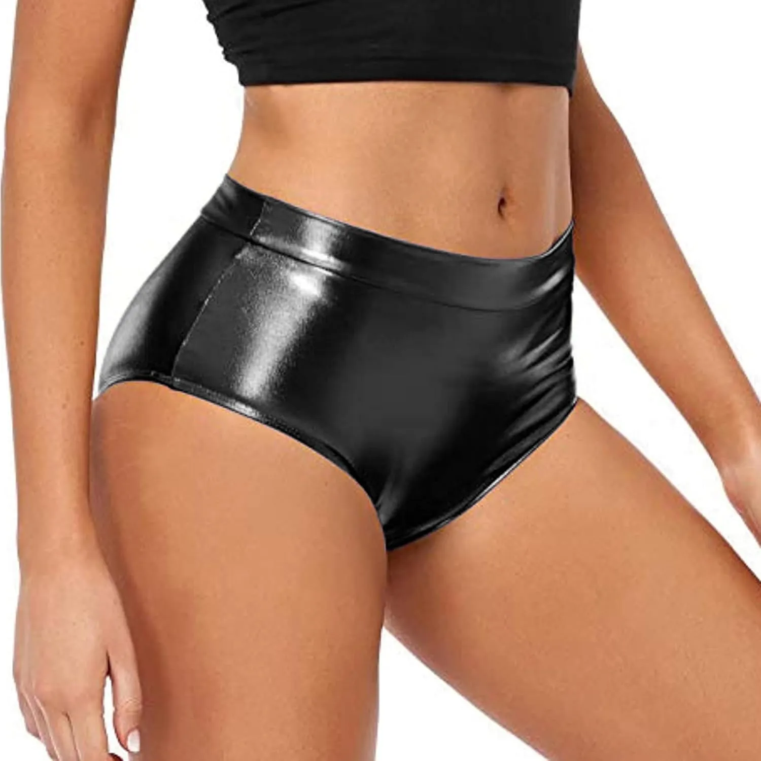 2024 Women's Metallic Faux Leather Shorts Elastic High Waist Shorts Shiny Sexy Rave Short Hot Pants for Party Clubwear