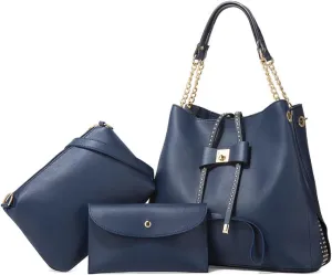 3-PC Tote Bags Faux Leather Purses and Handbags for Women Top-handle Bags Bowknot Shoulder Satchel Hobo Bags