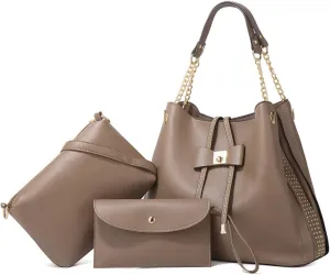 3-PC Tote Bags Faux Leather Purses and Handbags for Women Top-handle Bags Bowknot Shoulder Satchel Hobo Bags