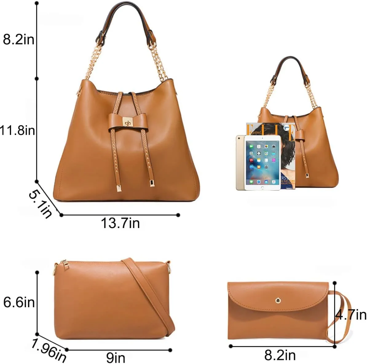 3-PC Tote Bags Faux Leather Purses and Handbags for Women Top-handle Bags Bowknot Shoulder Satchel Hobo Bags