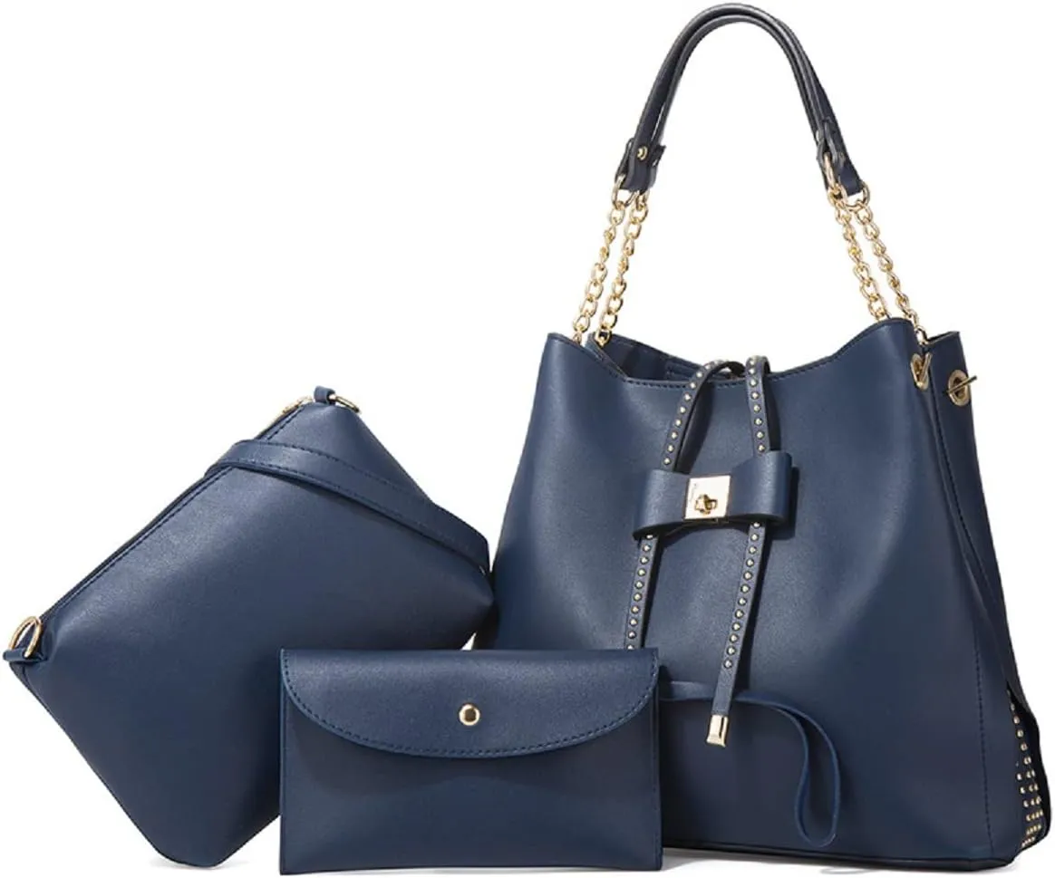 3-PC Tote Bags Faux Leather Purses and Handbags for Women Top-handle Bags Bowknot Shoulder Satchel Hobo Bags