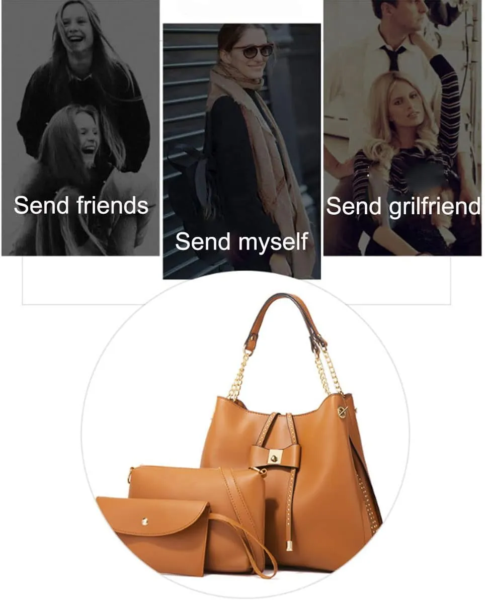3-PC Tote Bags Faux Leather Purses and Handbags for Women Top-handle Bags Bowknot Shoulder Satchel Hobo Bags