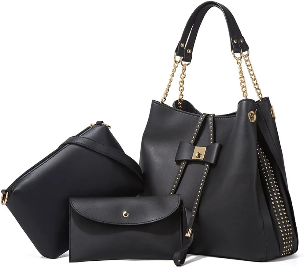 3-PC Tote Bags Faux Leather Purses and Handbags for Women Top-handle Bags Bowknot Shoulder Satchel Hobo Bags