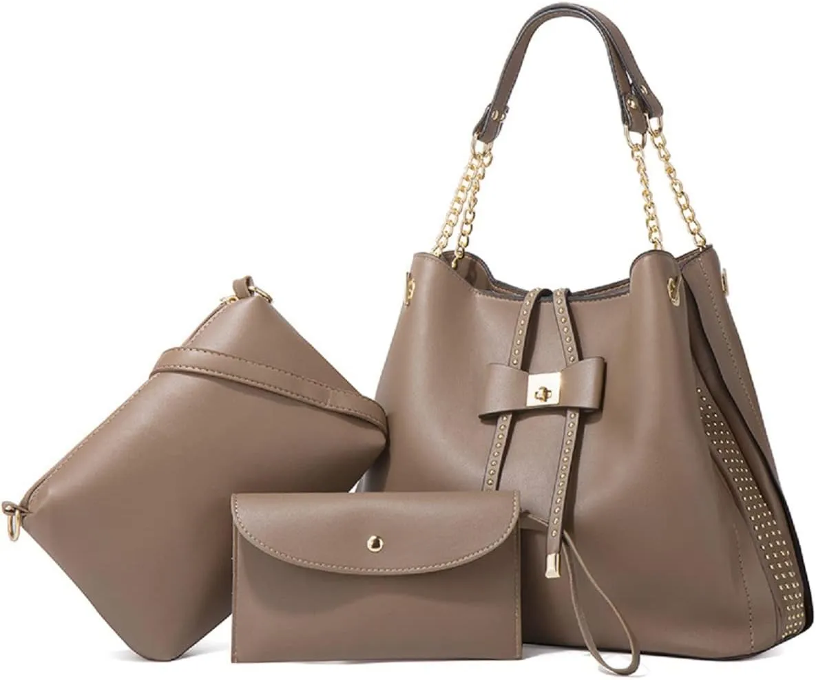 3-PC Tote Bags Faux Leather Purses and Handbags for Women Top-handle Bags Bowknot Shoulder Satchel Hobo Bags