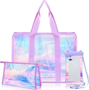 3 Pcs Large Tote Bag Beach Bags for Women Iridescent Bag Set with Cosmetic Bag Waterproof Mobile Phone Pouch Foldable Clear Tote Bag for Work Travel Vacation Gym Pool Beach
