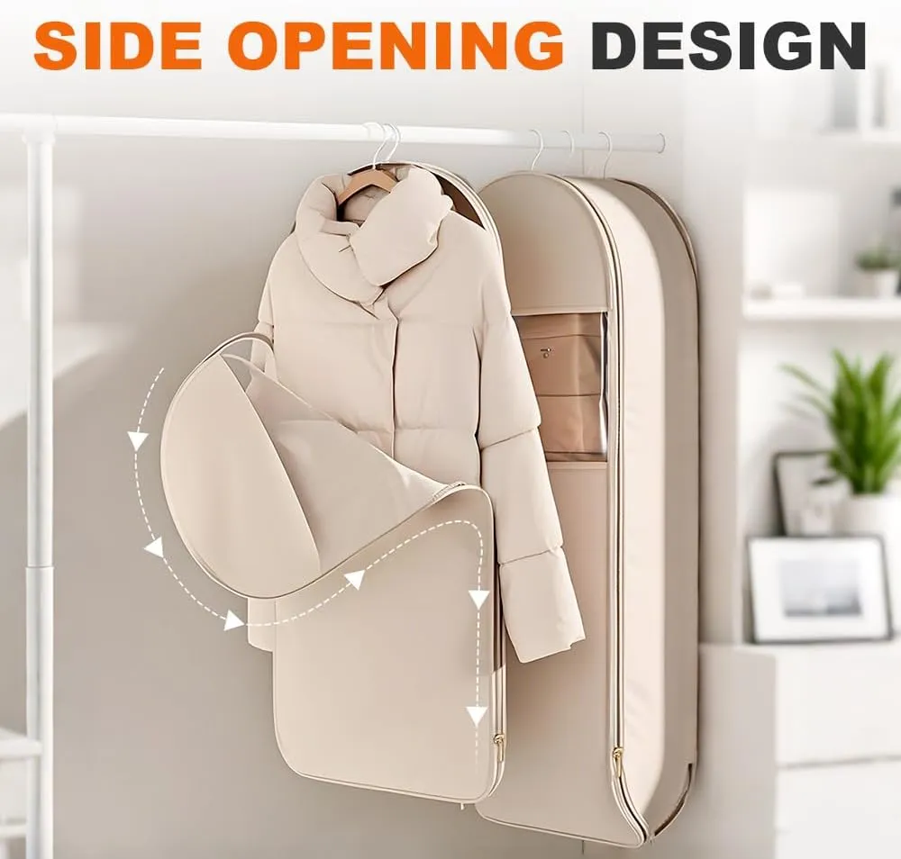 3 PCS Space Saving Hanging Garment Bag with Self Compression Zipper, Garment Bags for Hanging Clothes, Space Saver Dust Cover Clothes Storage Bags for Down Coat (Beige, Small Medium Large)