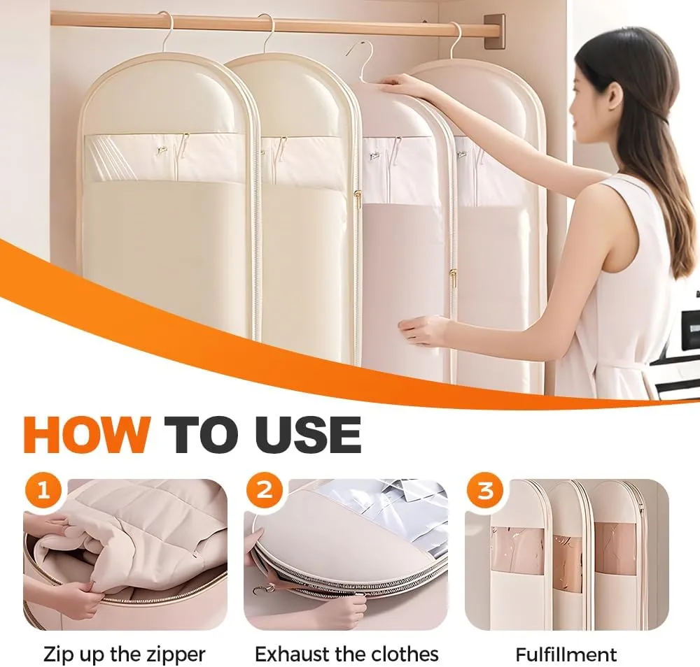 3 PCS Space Saving Hanging Garment Bag with Self Compression Zipper, Garment Bags for Hanging Clothes, Space Saver Dust Cover Clothes Storage Bags for Down Coat (Beige, Small Medium Large)