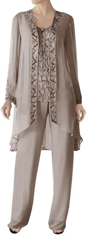 3 Pieces Mother of The Bride Dress Pant Suits Beaded Evening Formal Dress Chiffon Jacket Wedding Guest Groom Women's