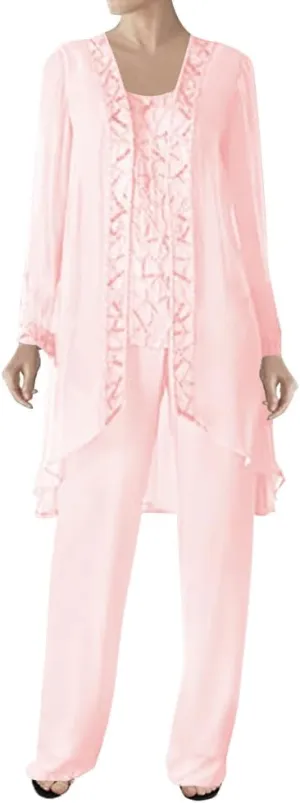 3 Pieces Mother of The Bride Dress Pant Suits Beaded Evening Formal Dress Chiffon Jacket Wedding Guest Groom Women's