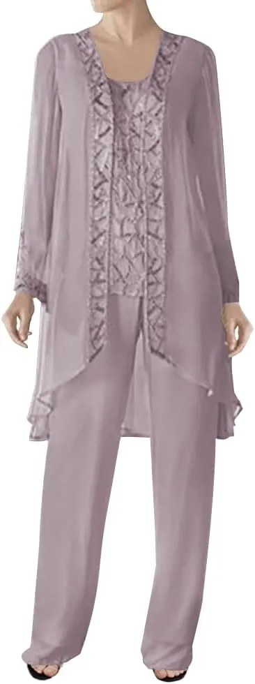3 Pieces Mother of The Bride Dress Pant Suits Beaded Evening Formal Dress Chiffon Jacket Wedding Guest Groom Women's