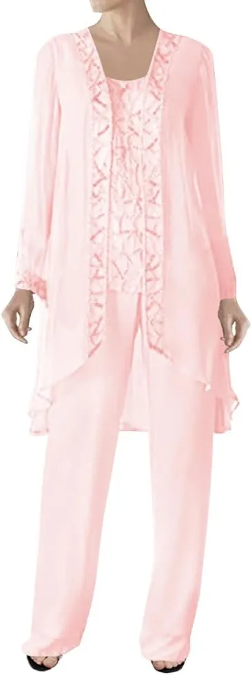 3 Pieces Mother of The Bride Dress Pant Suits Beaded Evening Formal Dress Chiffon Jacket Wedding Guest Groom Women's