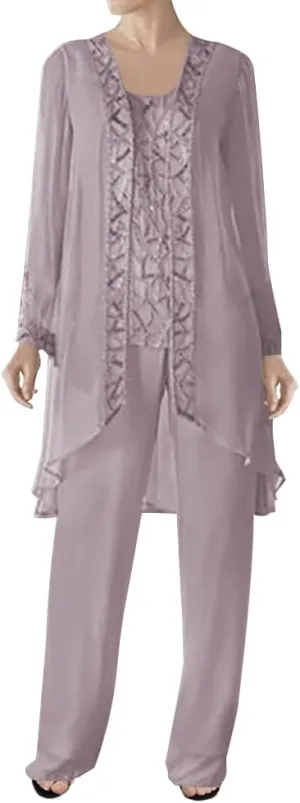 3 Pieces Mother of The Bride Dress Pant Suits Beaded Evening Formal Dress Chiffon Jacket Wedding Guest Groom Women's
