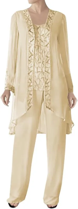 3 Pieces Mother of The Bride Dress Pant Suits Beaded Evening Formal Dress Chiffon Jacket Wedding Guest Groom Women's