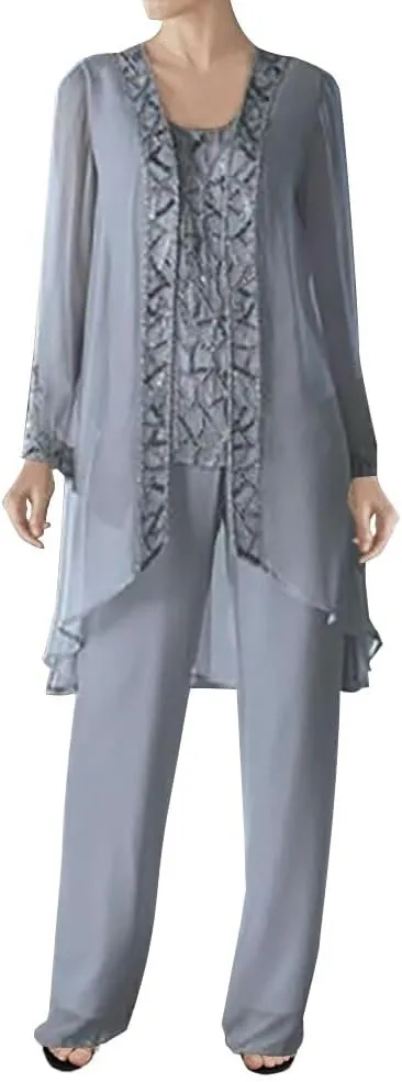 3 Pieces Mother of The Bride Dress Pant Suits Beaded Evening Formal Dress Chiffon Jacket Wedding Guest Groom Women's