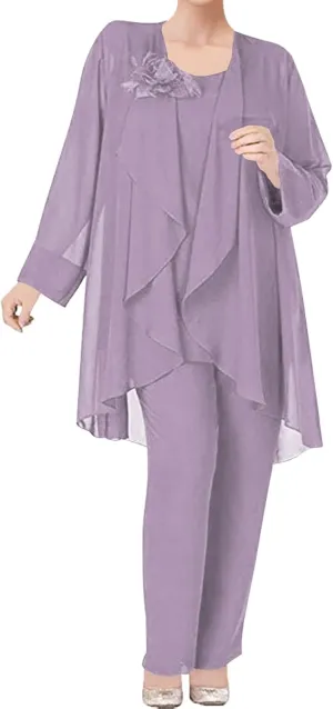 3 Pieces Mother of The Bride Dress Pant Suits Chiffon Flower Evening Formal Dress for Wedding Guest Groom Women's