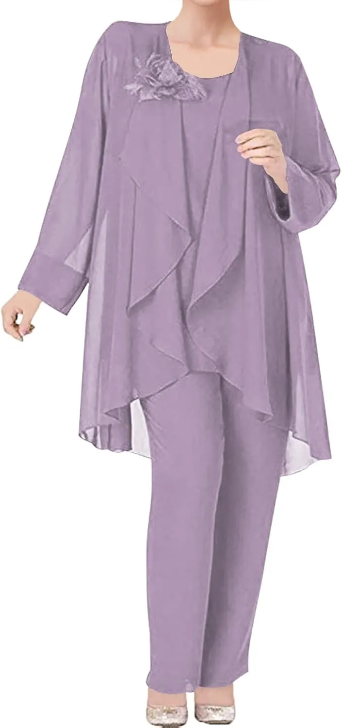 3 Pieces Mother of The Bride Dress Pant Suits Chiffon Flower Evening Formal Dress for Wedding Guest Groom Women's