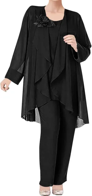 3 Pieces Mother of The Bride Dress Pant Suits Chiffon Flower Evening Formal Dress for Wedding Guest Groom Women's