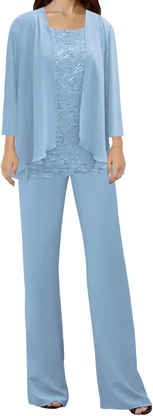 3 Pieces Mother of The Bride Dress Pant Suits Lace Evening Formal Dress for Wedding Guest Groom Women's