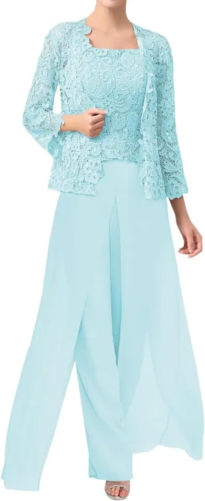 3 Pieces Mother of The Bride Dresses Pant Suits Chiffon Evening Formal Dress for Wedding Guest Groom Dresses Lace Jacket