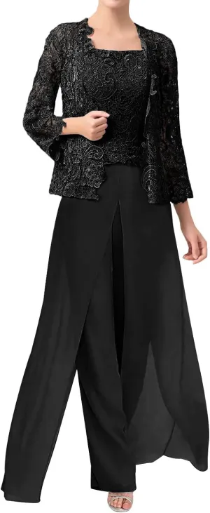 3 Pieces Mother of The Bride Dresses Pant Suits Chiffon Evening Formal Dress for Wedding Guest Groom Dresses Lace Jacket