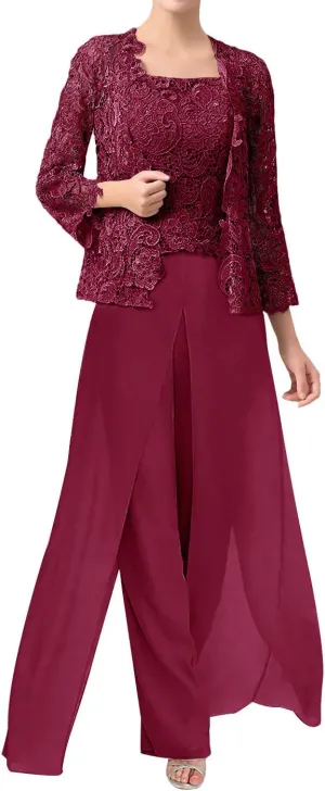 3 Pieces Mother of The Bride Dresses Pant Suits Chiffon Evening Formal Dress for Wedding Guest Groom Dresses Lace Jacket