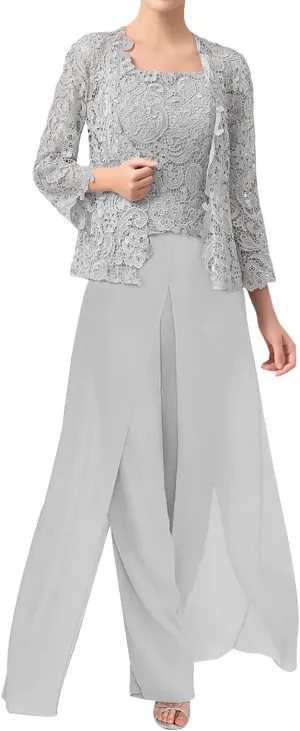 3 Pieces Mother of The Bride Dresses Pant Suits Chiffon Evening Formal Dress for Wedding Guest Groom Dresses Lace Jacket