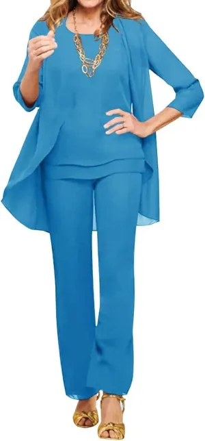 3 Pieces Mother of The Bride Dresses Pant Suits Chiffon Evening Formal Dresses for Wedding Guest Groom Tiered Jacket