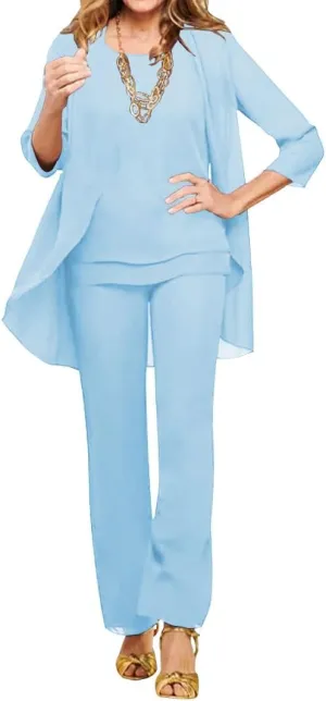 3 Pieces Mother of The Bride Dresses Pant Suits Chiffon Evening Formal Dresses for Wedding Guest Groom Tiered Jacket