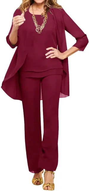 3 Pieces Mother of The Bride Dresses Pant Suits Chiffon Evening Formal Dresses for Wedding Guest Groom Tiered Jacket