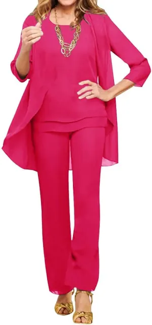 3 Pieces Mother of The Bride Dresses Pant Suits Chiffon Evening Formal Dresses for Wedding Guest Groom Tiered Jacket