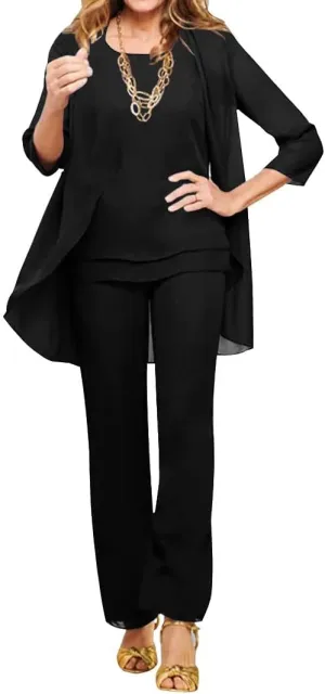 3 Pieces Mother of The Bride Dresses Pant Suits Chiffon Evening Formal Dresses for Wedding Guest Groom Tiered Jacket