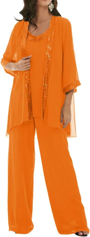 3 Pieces Mother of The Bride Dresses Pant Suits Chiffon Wedding Guest Groom Formal Outfit Sets Sequins with Jacket
