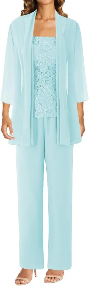3 Pieces Mother of The Bride Dresses Pant Suits Lace Evening Formal Dress for Wedding Guest Groom Dress Chiffon Jacket