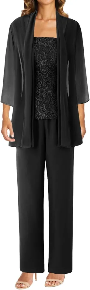 3 Pieces Mother of The Bride Dresses Pant Suits Lace Evening Formal Dress for Wedding Guest Groom Dress Chiffon Jacket