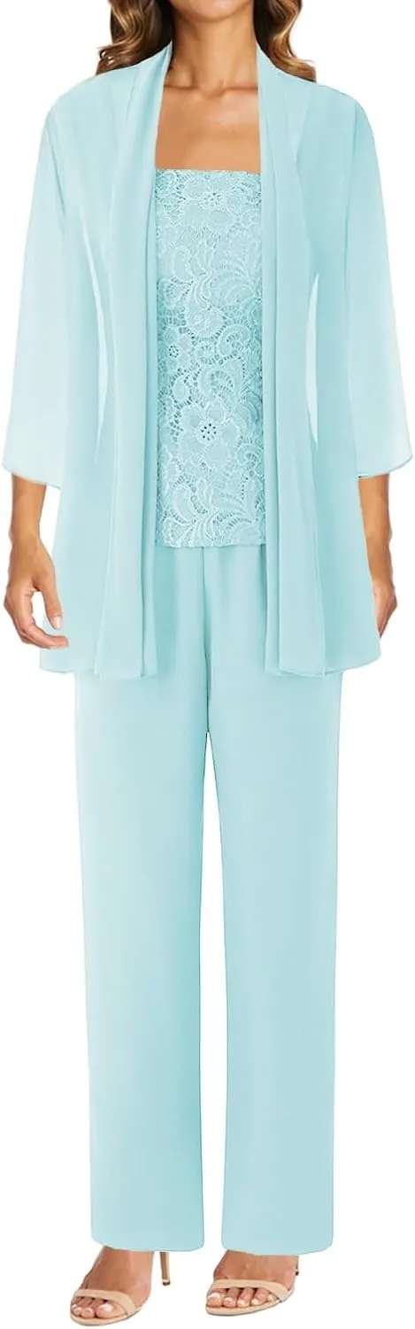3 Pieces Mother of The Bride Dresses Pant Suits Lace Evening Formal Dress for Wedding Guest Groom Dress Chiffon Jacket