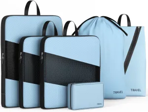 6 Set Travel Organizer Cubes for Travel Essentials Compression Packing Cubes for Suitcases Turquoise Black Blue