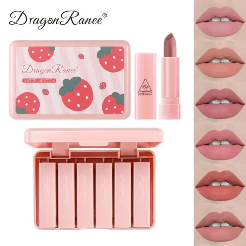 6pcs Strawberry Matte Lipstick Set Waterproof Long Lasting Exquisite Pink Matte Lipstick
