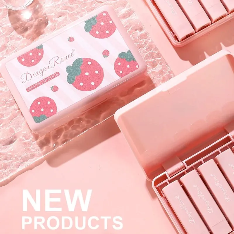6pcs Strawberry Matte Lipstick Set Waterproof Long Lasting Exquisite Pink Matte Lipstick