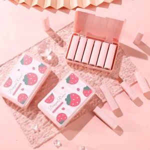 6pcs Strawberry Matte Lipstick Set Waterproof Long Lasting Exquisite Pink Matte Lipstick