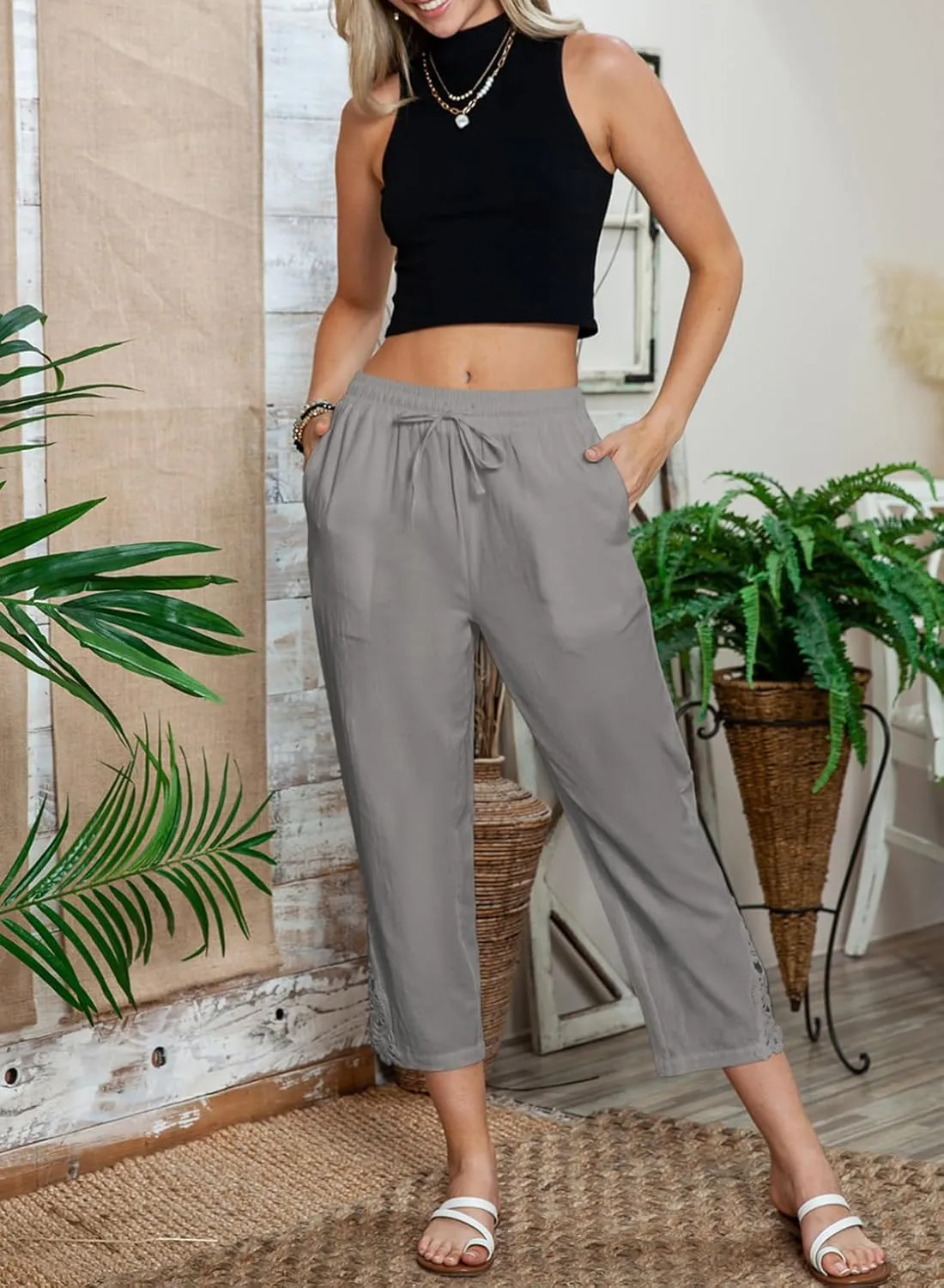 Acelitt Women Casual Lightweight Drawstring Elastic Waist Pants with Pockets, S-XXL