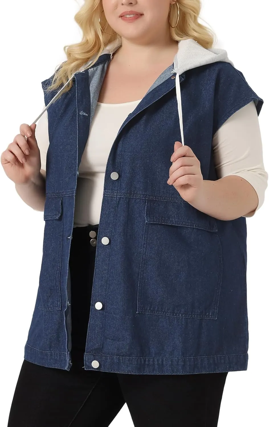 Agnes Orinda Plus Size Denim Jackets for Women Drawstring Hood Utility Long Jean Jacket Vests