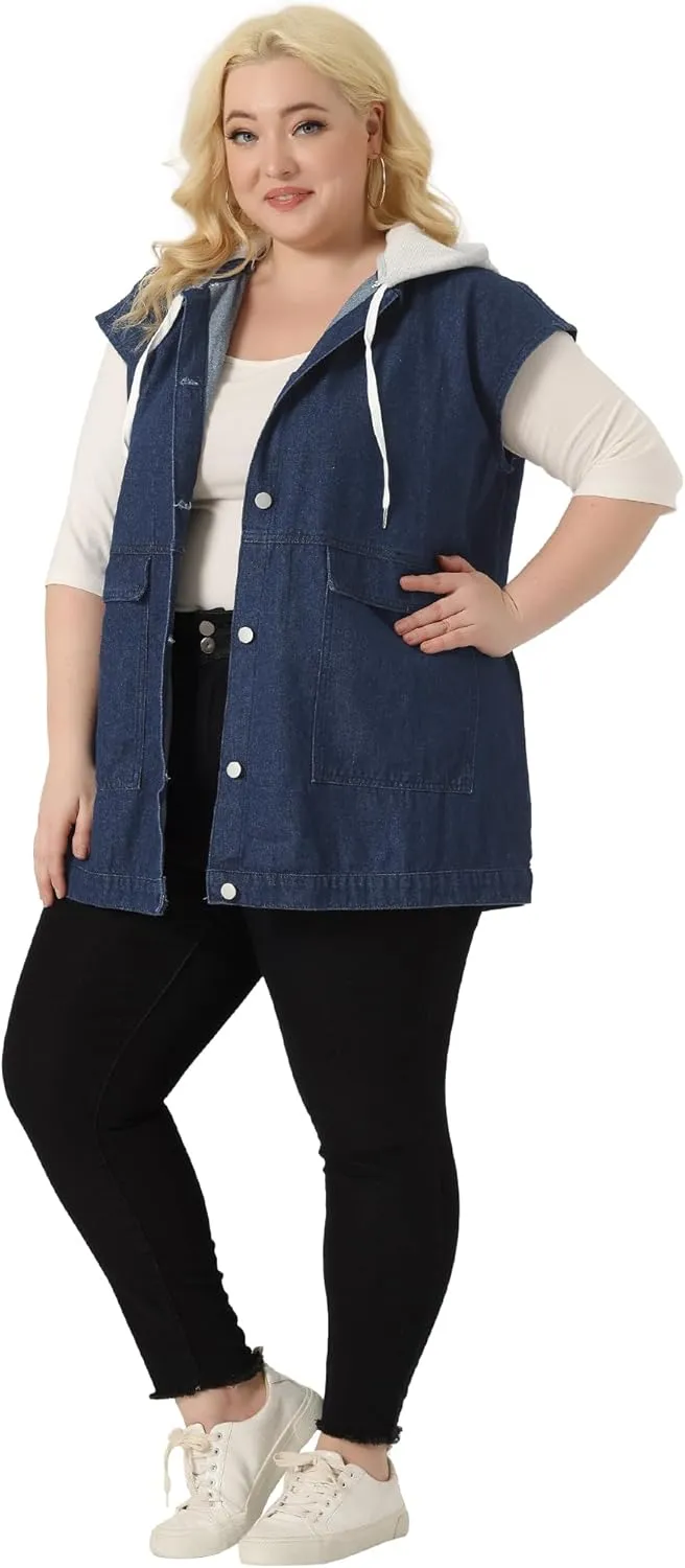 Agnes Orinda Plus Size Denim Jackets for Women Drawstring Hood Utility Long Jean Jacket Vests